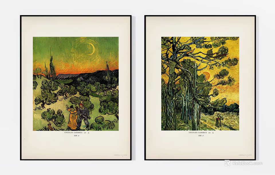 Van Gogh Oil Paintings with Sunset Moon Trees Walking Figures Pine Trees in Golden Sky 3d model 