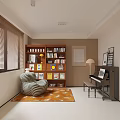 Modern Study Room With Bookcase Armchair And Piano 3d model