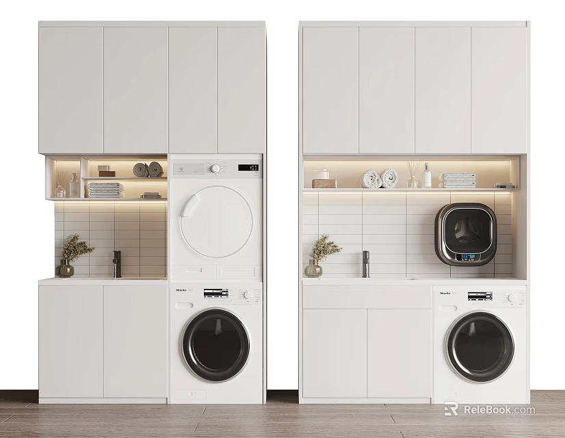 White Modern Bathroom Cabinet with Washing Machine and Storage Space for Toiletries 3d model 