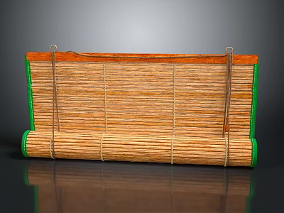 Natural Bamboo Blinds with Brown Surface and Green Edges Rolled Up with Metal Hooks 3d model