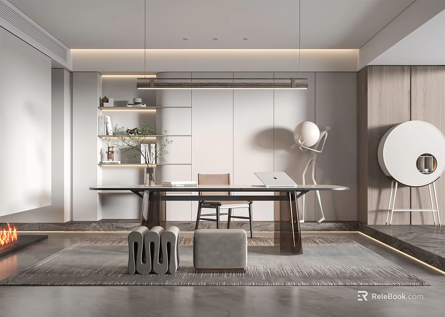 Modern Minimalist Study Room Interior With Desk Chair Bookshelf Floor Lamp Rug And Gray Tones 3d model 
