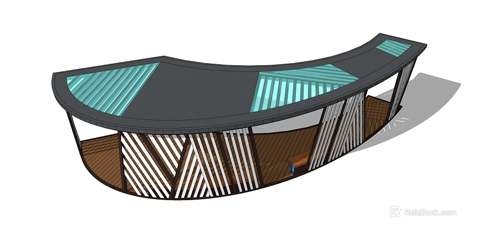 Modern Curved Pergola with Green Striped Roof and Wooden Geometric Columns 3d model 