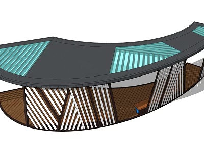 Modern Curved Pergola with Green Striped Roof and Wooden Geometric Columns 3d model