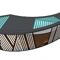 Modern Curved Pergola with Green Striped Roof and Wooden Geometric Columns