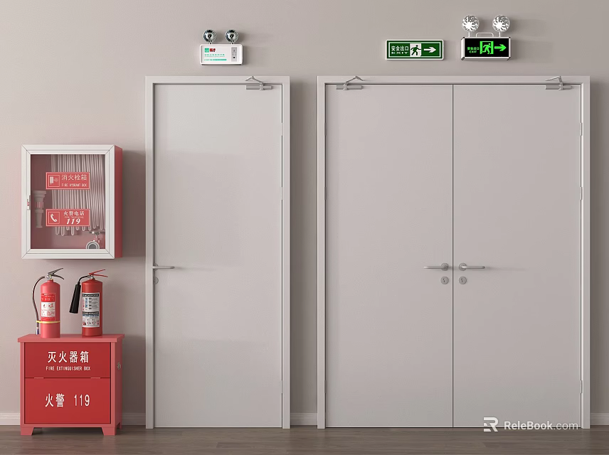 Fire Safety Equipment Setup With Emergency Exit Doors Lights And Fire Extinguishers 3d model