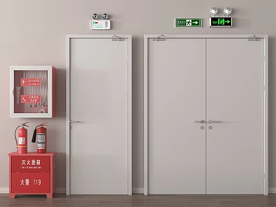Fire Safety Equipment Setup With Emergency Exit Doors Lights And Fire Extinguishers 3d model