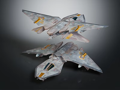 Futuristic Interstellar Spaceship Pair with Silver Gray and Gold Design Features 3d model