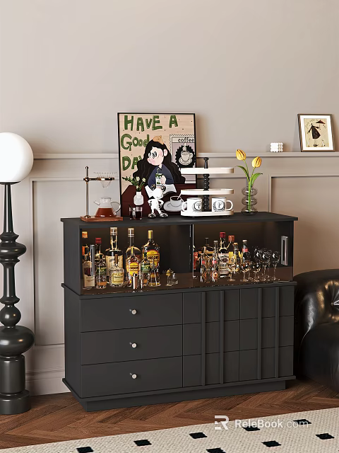 Elegant Wine Cabinet With Various Wine Bottles Wine Glasses Drawers And Decorative Items 3d model 