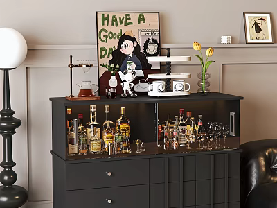 Elegant Wine Cabinet With Various Wine Bottles Wine Glasses Drawers And Decorative Items 3d model