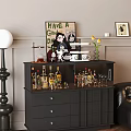 Elegant Wine Cabinet With Various Wine Bottles Wine Glasses Drawers And Decorative Items
