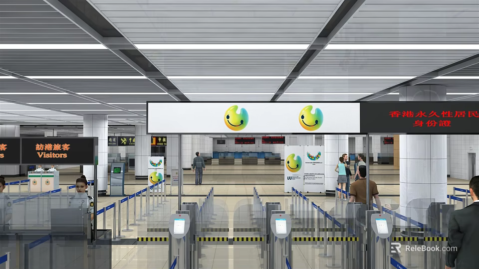 Service Hall Interior Featuring Turnstiles Display Screens Smiley Icons And Service Counters 3d model 