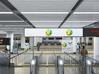 Service Hall Interior Featuring Turnstiles Display Screens Smiley Icons And Service Counters 3d model