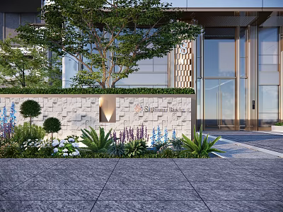 Textured Stone Feature Wall With Green Plants Flowers And Modern Building Entrance 3d model