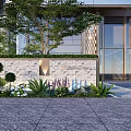 Textured Stone Feature Wall With Green Plants Flowers And Modern Building Entrance