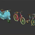 Classic Blue Scooter Motorcycle With Pink And Black Bicycles And Reflections