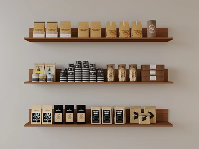 Wooden Shelves Display Various Packaged Products In Organized Rows 3d model