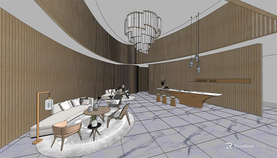 Elegant Hotel Lobby With Wooden Walls Chandelier Sofa Area Reception Desk And Marble Floor 3d model 