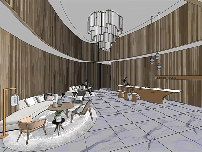 Elegant Hotel Lobby With Wooden Walls Chandelier Sofa Area Reception Desk And Marble Floor 3d model
