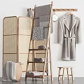 Wooden Ladder Style Bathroom Shelf with Folded Towels and Hanging Bathrobe