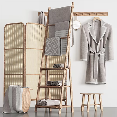 Wooden Ladder Style Bathroom Shelf with Folded Towels and Hanging Bathrobe 3d model