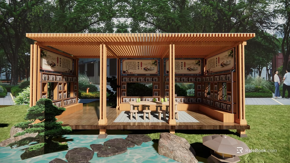 Elegant Traditional Chinese Garden Landscape With Wooden Pavilion And Tranquil Waterside Leisure Reading Space 3d model 