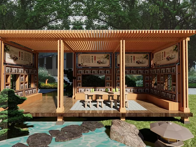 Elegant Traditional Chinese Garden Landscape With Wooden Pavilion And Tranquil Waterside Leisure Reading Space 3d model