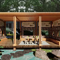 Elegant Traditional Chinese Garden Landscape With Wooden Pavilion And Tranquil Waterside Leisure Reading Space