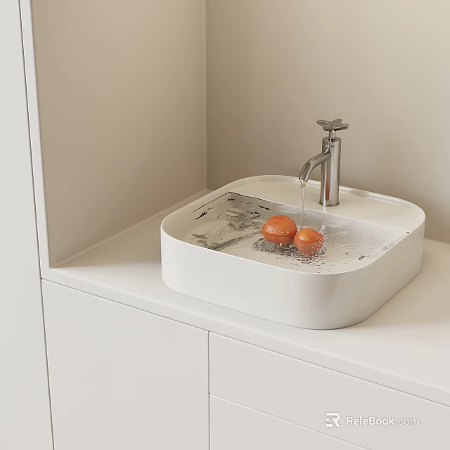 Modern White Washbasin With Square Basin Faucet Running Water Oranges On White Countertop 3d model 