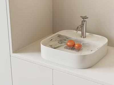 Modern White Washbasin With Square Basin Faucet Running Water Oranges On White Countertop 3d model
