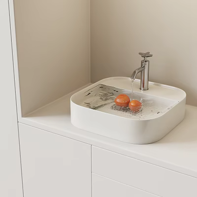 Modern White Washbasin With Square Basin Faucet Running Water Oranges On White Countertop 3d model