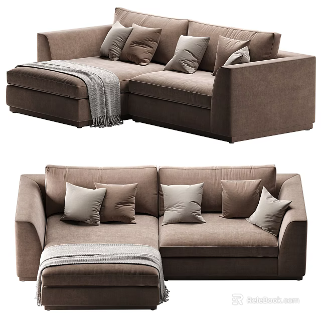Modern Cozy Brown Sectional Sofa With Gray Blanket And Decorative Pillows 3d model