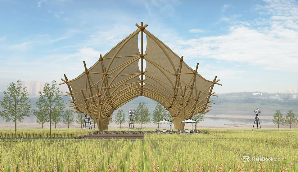 Bamboo Arch Structure Scenery in Rice Field with Blue Sky White Clouds and Windmills 3d model 
