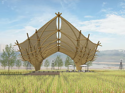 Bamboo Arch Structure Scenery in Rice Field with Blue Sky White Clouds and Windmills 3d model