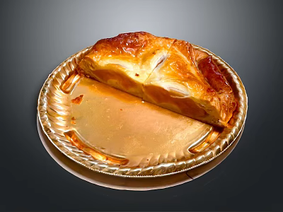 Delicious Puff Pastry Pie On Golden Paper Plate With Sliced Piece And Flaky Crust 3d model
