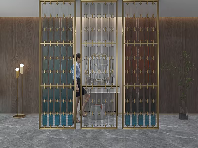 Modern Room Divider Screen With Golden Frame And Glass Panels For Interior Decor 3d model