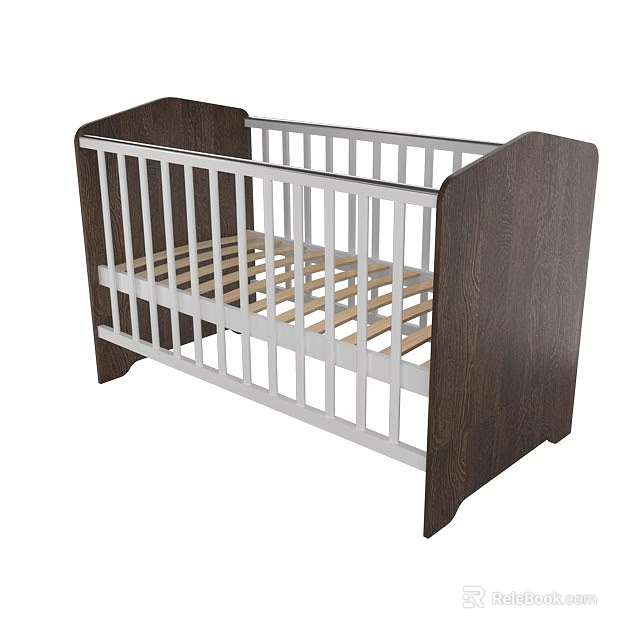 Wooden Baby Crib With White Railings And Dark Brown Headboard Footboard 3d model 