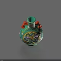 Green Ceramic Vase With Red Decorative Handles And Colorful Traditional Patterns