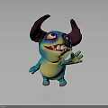 Cute 3D Cartoon Creature With Big Horns Blue Yellow Body Smiling Waving Hand