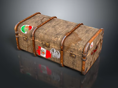 Vintage Suitcase With Leather Trim And Travel Stickers On Textured Surface 3d model