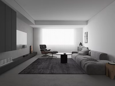 Modern Minimalist Grey Living Room Design With Plush Sofa Cozy Chair And Soft Area Rug 3d model