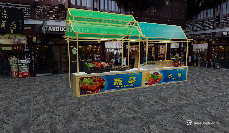 Fresh Fruit Vegetable Stall With Green Canopy Yellow Frame Near Traditional Building 3d model 