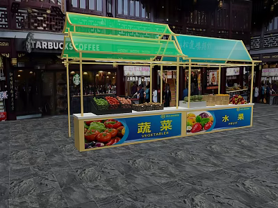Fresh Fruit Vegetable Stall With Green Canopy Yellow Frame Near Traditional Building 3d model