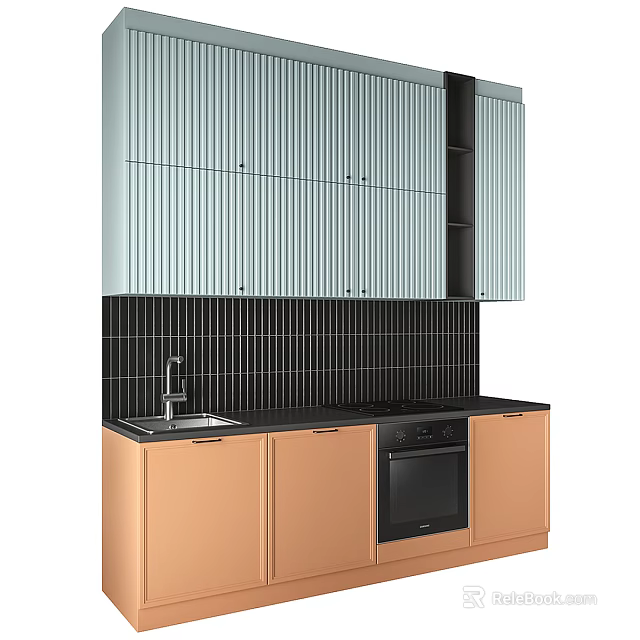 Modern Kitchen Interior With Light Gray Striped Upper Cabinets Beige Lower Cabinets Black Tile Backsplash 3d model