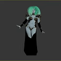 Green Haired Blue Skinned Fantasy Character Standing In Black Long Dress With Metallic Armor