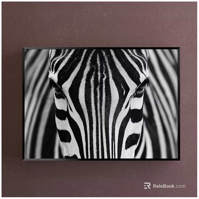 Animal Painting Zebra Head Close-up with Black and White Stripes Framed in Black Frame 3d model 