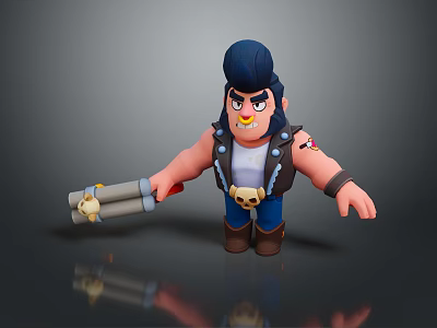 Cartoon Man Character With Dark Blue Hair Angry Expression Holding Double Barrel Weapon 3d model