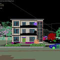 Two Story Detached Villa with White Exterior Blue Roof Garden Trees and Balconies