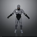 Silver And Black Robot With Metallic Armor In Standing Pose Arms Outstretched Gray Gradient Background 3d model