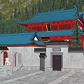 Ancient Chinese Architecture With Blue Roof Red Pillars And Courtyard Surrounded By Trees