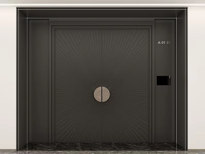 Modern Black Double Door With Textured Surface Circular Metal Accent AODI Electronic Lock Marble Floor 3d model